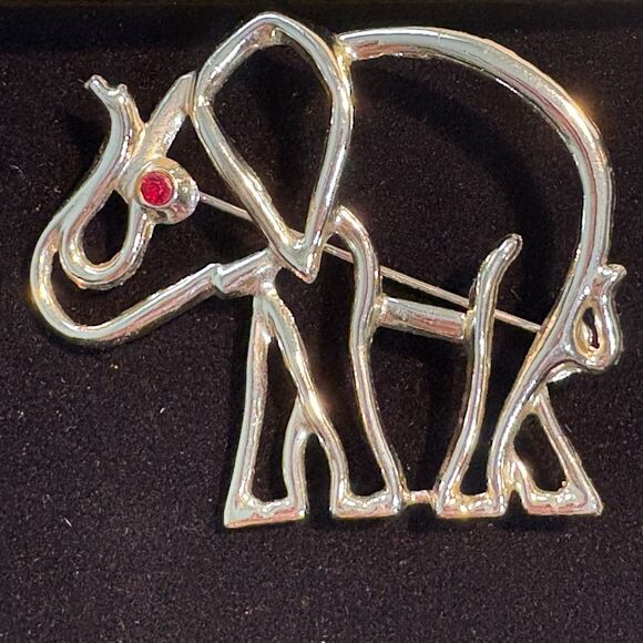 Vintage Sears Elephant Outline Brooch Gold Tone Red Eye Modernist Pin 1980s - Picture 1 of 9